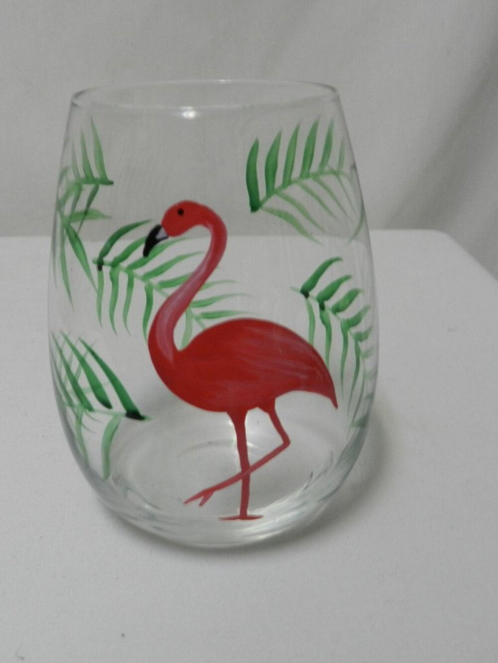 Pink Flamingo DEI Hand Painted stemless wine glass pink green 20 oz NEW NIB